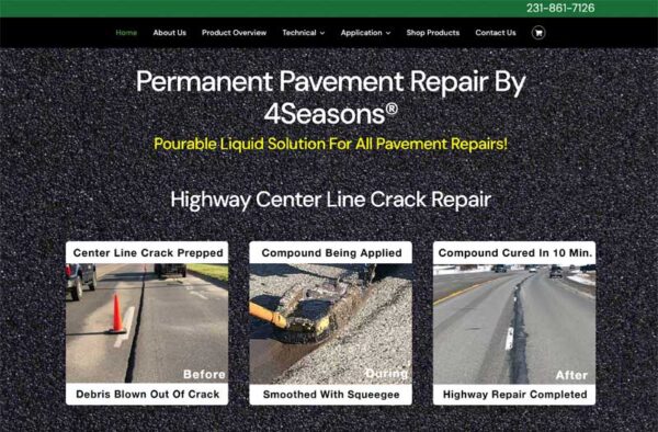 Screenshot of 4Seasons’ website portfolio showing permanent pavement repair. Three labeled photos display the process: center line crack prepped (before), compound being applied (during), and highway repair completed (after).
