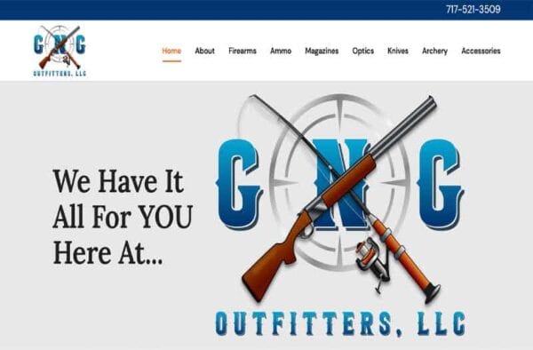 Website homepage for CNC Outfitters, LLC, featuring a logo with crossed rifles and bold text that says, We Have It All For YOU Here At... Explore our website portfolio with a navigation menu for Firearms, Ammo, Magazines, Optics, Knives, Archery, and Accessories.