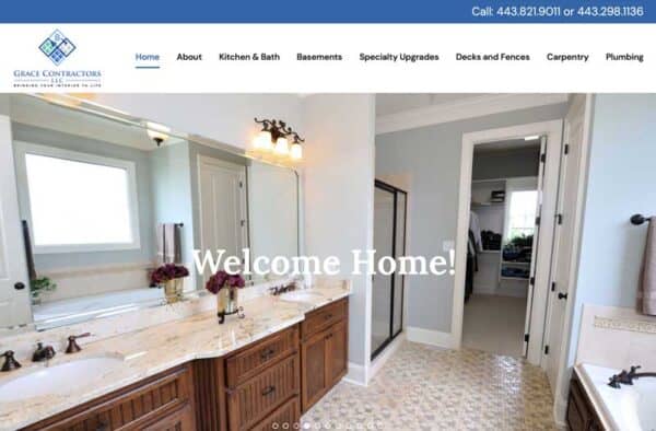 A modern bathroom with double sinks, large mirror, glass shower, and marble countertops is beautifully featured in the Grace Contractors website portfolio. Welcome Home! text is displayed in the center, with the website menu visible at the top.