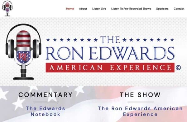 Screenshot of The Ron Edwards American Experience website portfolio homepage, featuring a large vintage microphone logo and navigation menu with options like Home, About, Listen Live, Shows, Sponsors, and Contact.