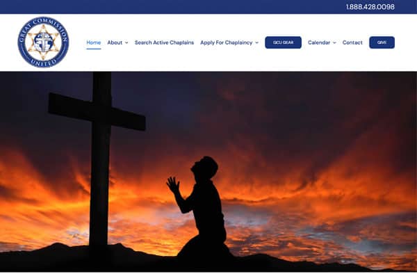 A person kneels and prays in front of a cross at sunset, vibrant orange and blue sky behind. The website portfolio header displays the Great Commission United logo and navigation menu.