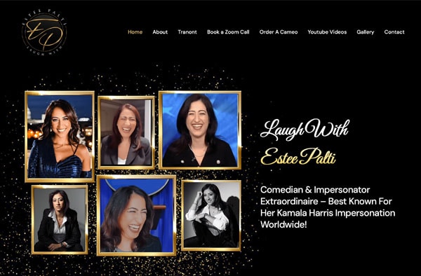 A website portfolio homepage features six photos of Estee Patli smiling and laughing. Text reads, Laugh with Estee Patli. Comedian & Impersonator Extraordinaire – Best known for her Kamala Harris impersonation worldwide!.