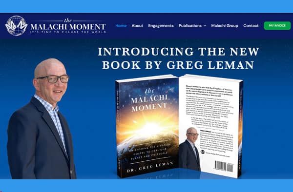 A website portfolio banner features Dr. Greg Leman smiling beside his book, The Malachi Moment, with a sunrise over mountains on the cover. The text introduces the new book, and the website menu appears at the top.