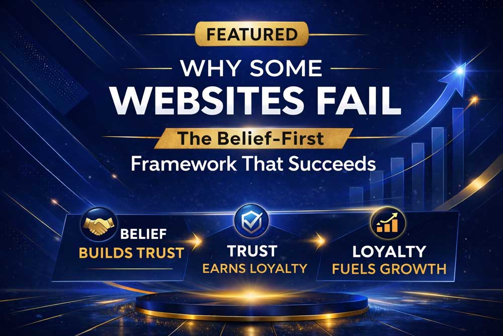 A graphic titled Why Some Websites Fail highlights The Belief-First Framework That Succeeds, showing how a website that converts with integrity builds trust, earns loyalty, and fuels growth on a blue and gold background.