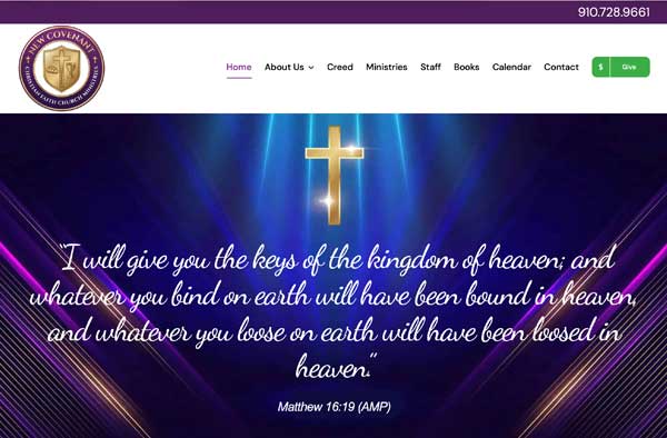 A church website portfolio homepage displays a gold cross glowing on a purple background, a Bible verse quote, a logo in the top left, navigation menu, contact number, and a green Give button in the top right.