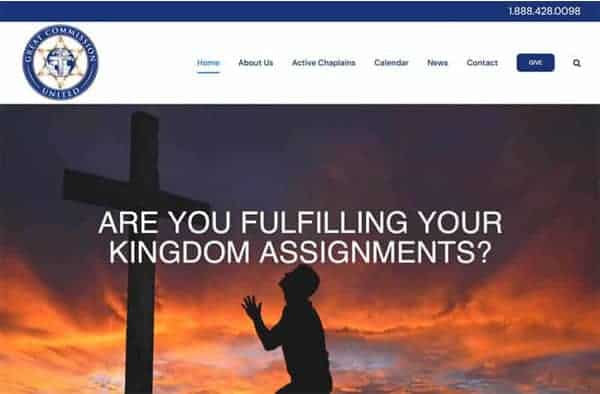 A person kneels in prayer before a cross at sunset, with the text ARE YOU FULFILLING YOUR KINGDOM ASSIGNMENTS? displayed on a religious organization's website homepage created through expert website development.