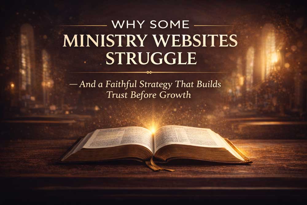 An open Bible sits on a wooden surface in a warmly lit church, with text above reading: Why some ministry websites struggle — and how the belief-first website framework offers a faithful strategy that builds trust before growth.