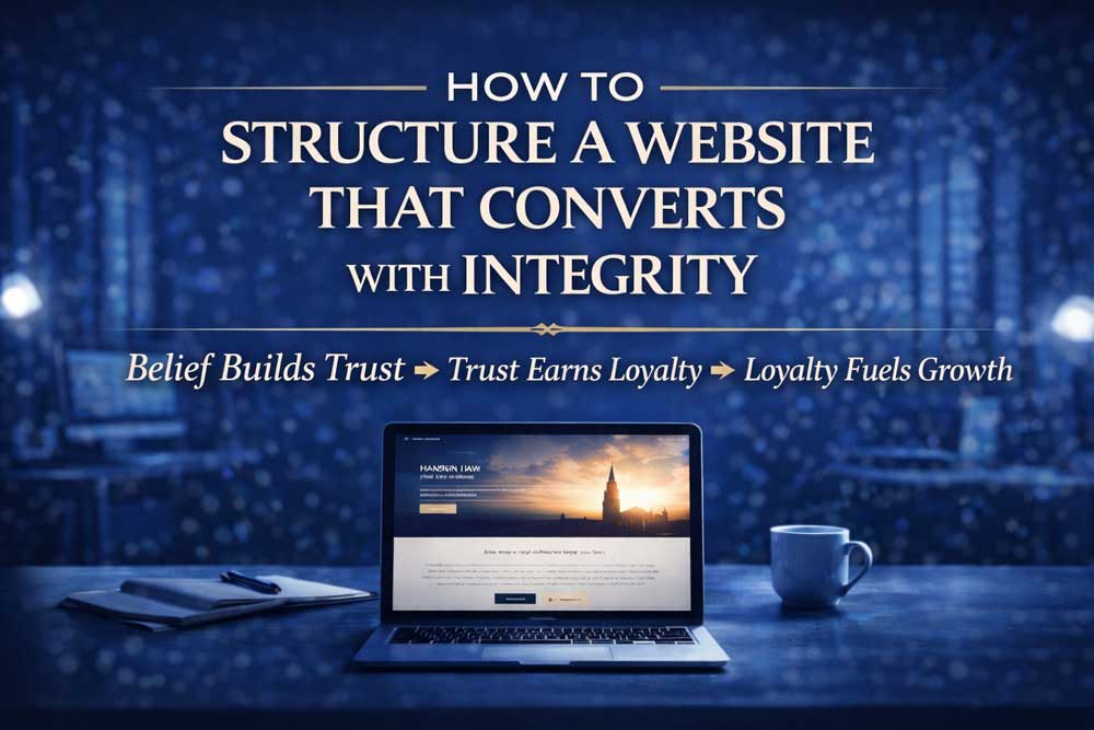 A laptop displaying a website sits on a desk with a notebook and pen. The text above reads, “How to structure a website that converts with integrity,” and below, “Belief builds trust ➔ Trust earns loyalty ➔ Loyalty fuels growth.”.
