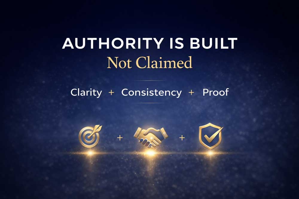 Text reading “Authority is built not claimed. Clarity + Consistency + Proof” appears above gold icons—a target, handshake, and shield—on a dark blue background with a glowing effect, emphasizing the power of first impression website credibility.