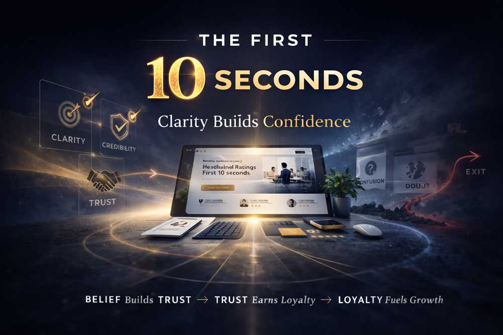 A digital graphic shows The First 10 Seconds with a screen displaying ratings, icons for clarity, credibility, and trust—highlighting how website credibility and first impression drive confidence, trust, loyalty, and ultimately fuel growth.
