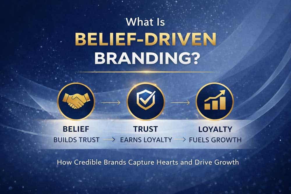 A graphic titled What Is Belief-Driven Branding? illustrates the belief-driven branding framework with three icons: handshake for belief, checkmark for trust, and bar chart for loyalty. Arrows connect belief to trust to loyalty. Subtitle: How Credible Brands Capture Hearts and Drive Growth.
