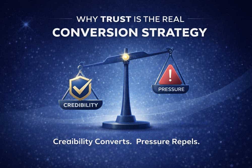 A scale balances Credibility (checkmark) and Pressure (exclamation mark). The text reads: Why trust is the real conversion strategy. A belief-driven branding framework builds credibility—pressure repels.