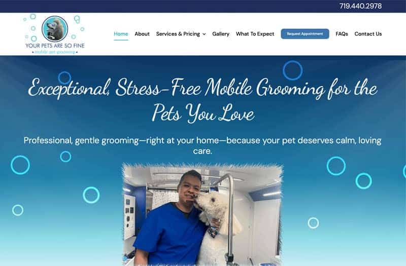 Screenshot from a website portfolio of a pet grooming service, featuring a smiling groomer in blue scrubs holding a white dog against a calming blue bubble background, highlighting stress-free mobile grooming.